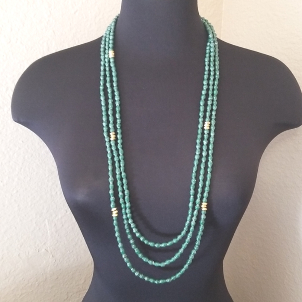 New Akola Gold Green Wood Bead Triple Strand Necklace